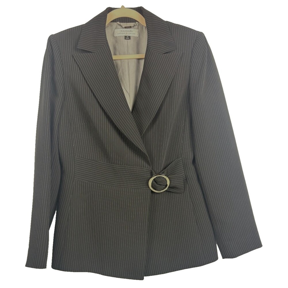 Tahari ASL Black Pink Pinstripe Blazer Jacket O Ring Buckle Asymmetric Womens 10